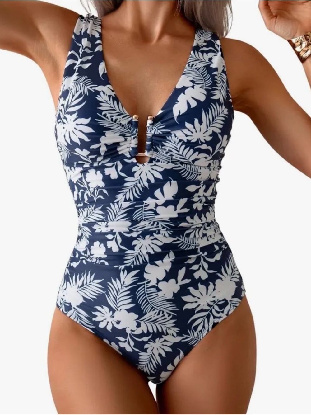 Navy Blue Floral V-Neck One-Piece Swimsuit